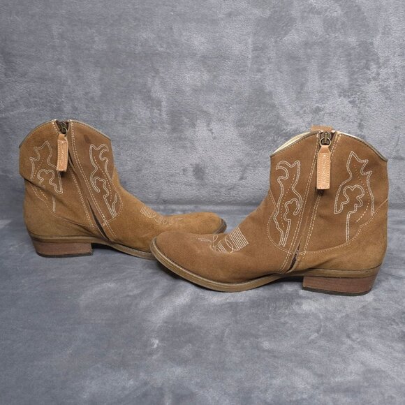 Dingo Brown Suede Ankle Cowboy Boots 11M Embroidered Zipper Closure Imperfect - Picture 4 of 9